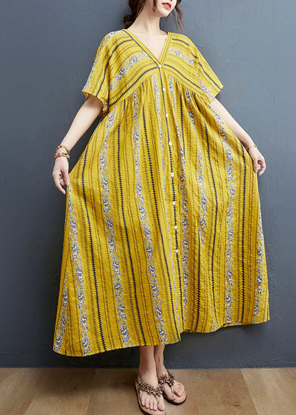 Yellow V Neck Print Cotton Holiday Dress Short Sleeve
