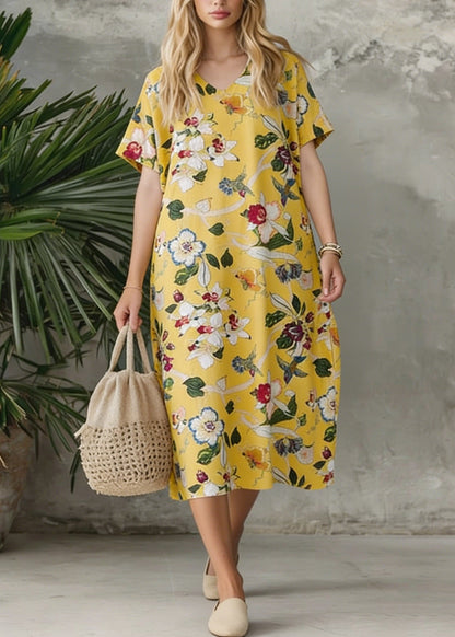 Yellow V Neck Print Loose Cotton Dress Summer