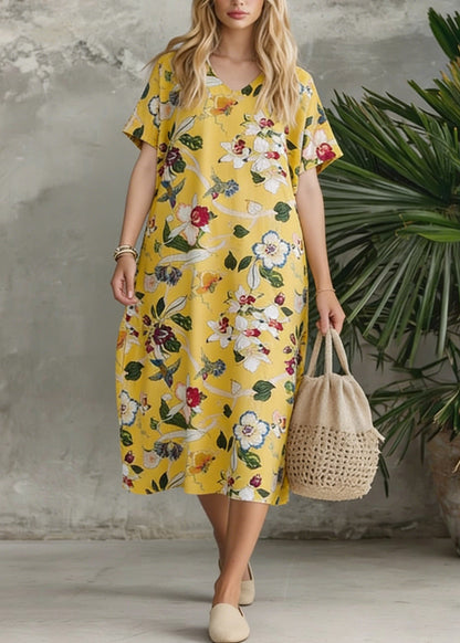 Yellow V Neck Print Loose Cotton Dress Summer