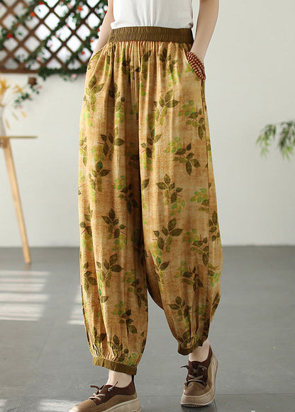 Yellow Wrinkled Elastic Waist Crop Lantern Pants