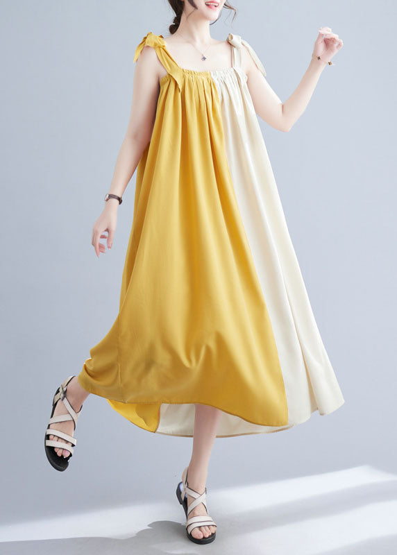 Yellow Wrinkled Patchwork Cotton Summer Beach Dress Sleeveless