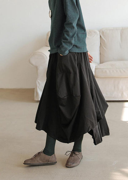 Black Cotton Asymmetric Dresses Elastic Waist Skirt