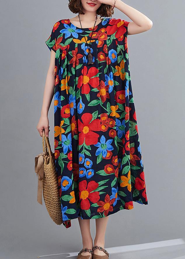 Navy Print Clothes O Neck Pockets Robes Summer Dresses