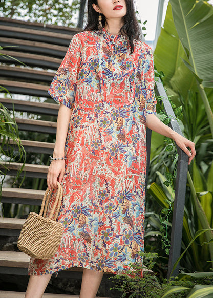 Red Print Silk Linen Clothes Work Outfits Stand Collar Pockets a Line Summer Dress