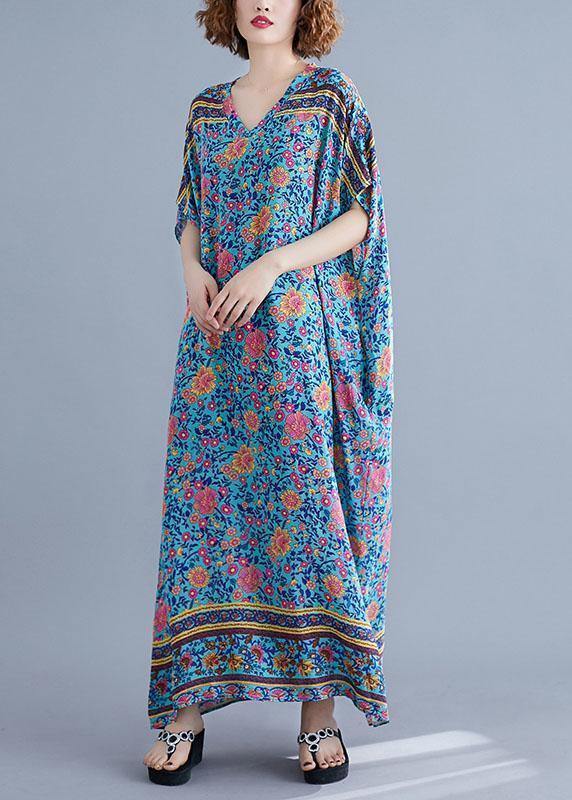 V Neck Pockets Cotton Summer Tunic Pattern Photography Blue Print Long Dress