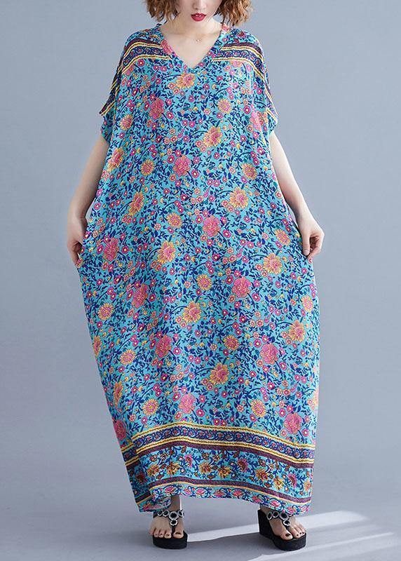 V Neck Pockets Cotton Summer Tunic Pattern Photography Blue Print Long Dress
