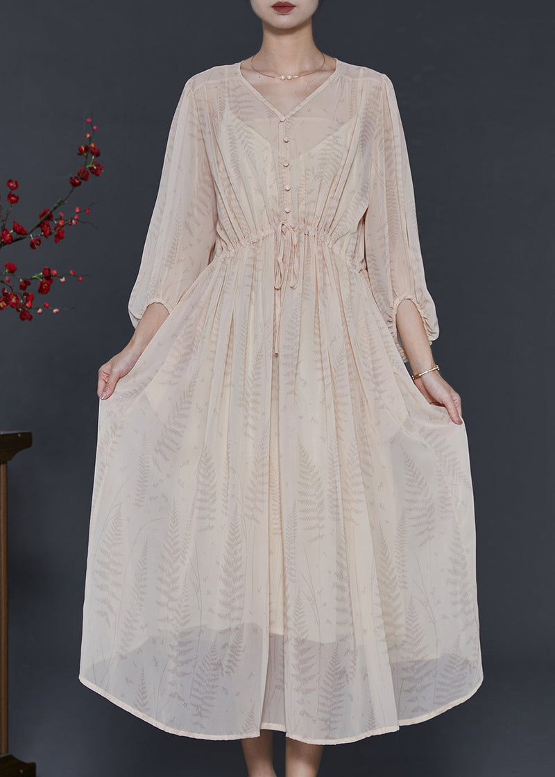 Apricot Cinched Print Chiffon Dresses Summer