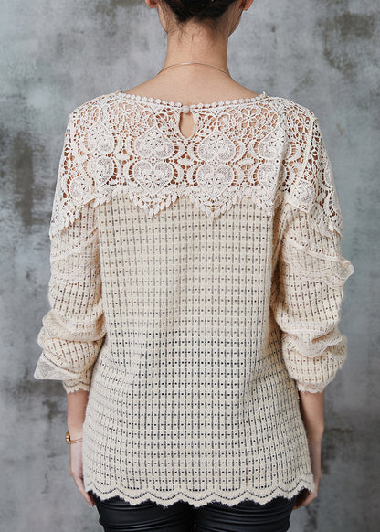 Apricot Hollow Out Patchwork Knit Blouse Tops Spring