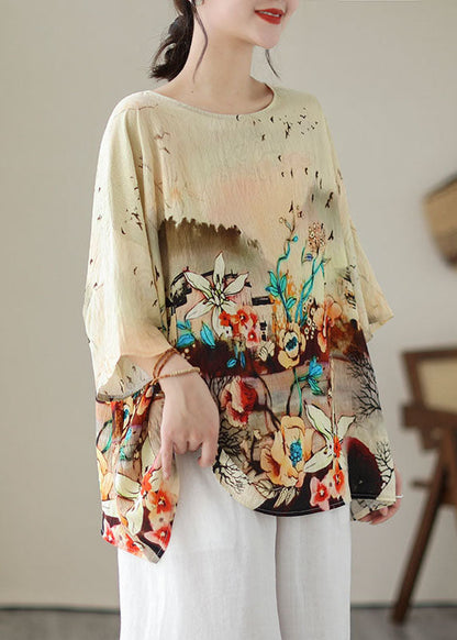 Apricot O Neck Print Patchwork Linen T Shirt Tops Summer