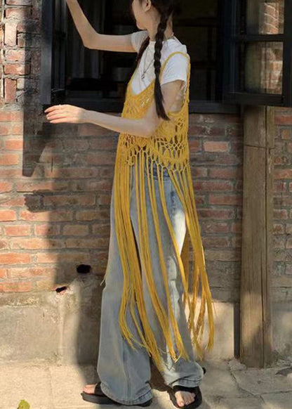 Apricot Tasseled Hollow Out Spaghetti Strap Dresses Summer