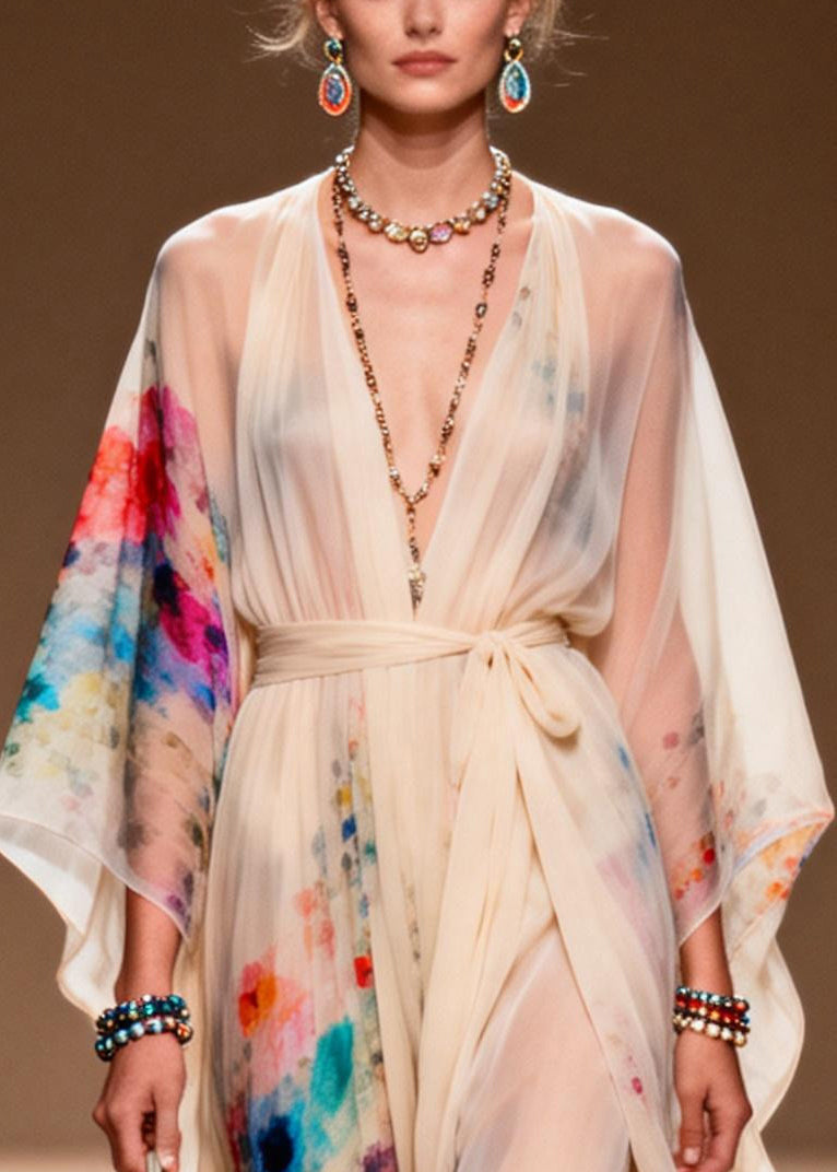 Apricot Tie Waist Print Chiffon Ankle Dress Summer