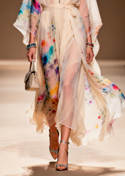 Apricot Tie Waist Print Chiffon Ankle Dress Summer