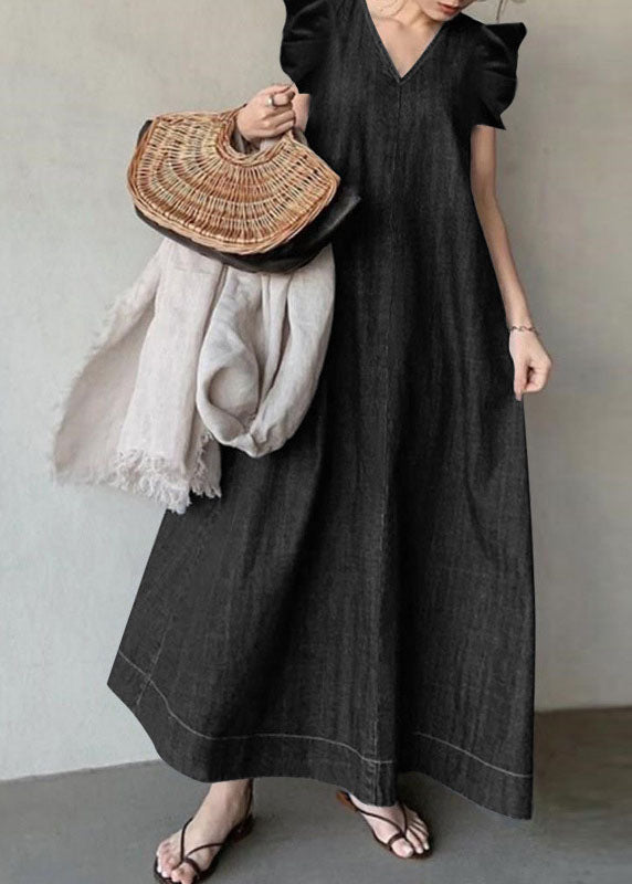 Baby Blue V Neck Ruffled Patchwork Denim Dress Summer
