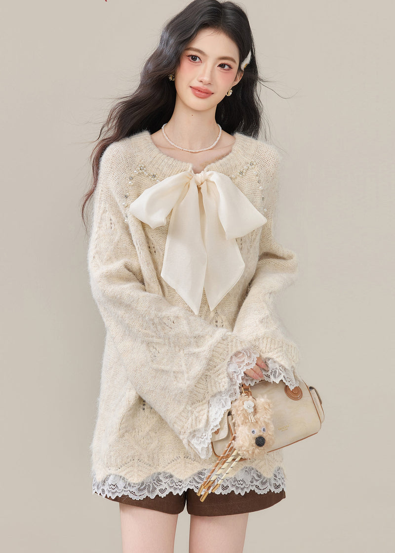 Beige Bow Nail Bead Patchwork Lace Knit Tops Winter