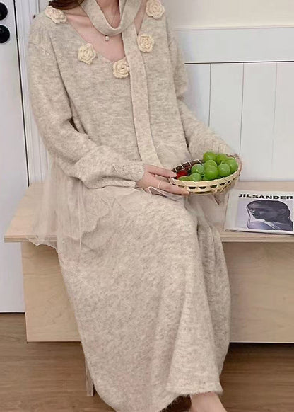 Beige Patchwork Knit Two Piece Set Clothing Winter