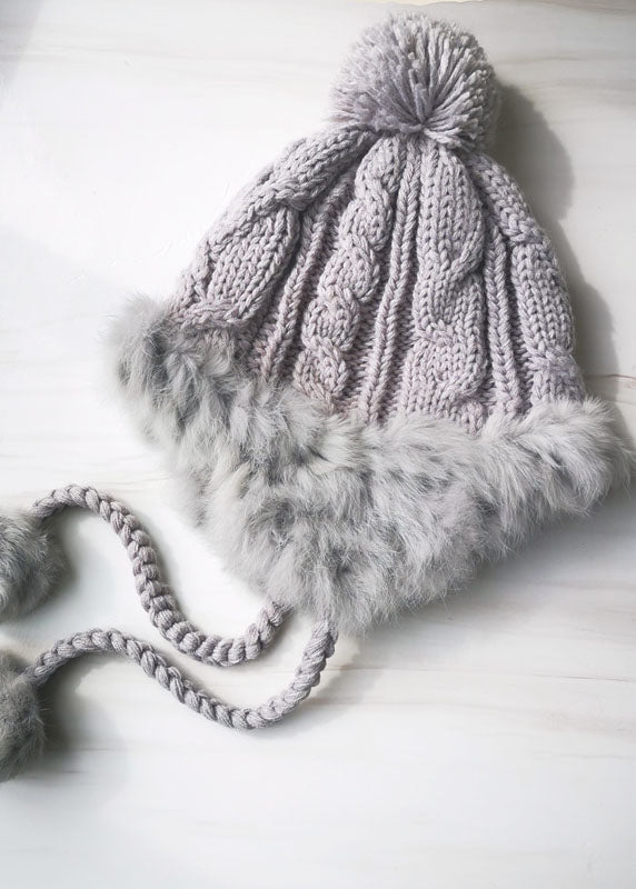 Beige Rabbit Hair Patchwork Knitted Cotton Hat