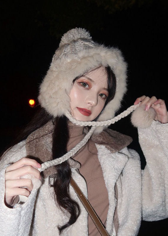 Beige Rabbit Hair Patchwork Knitted Cotton Hat