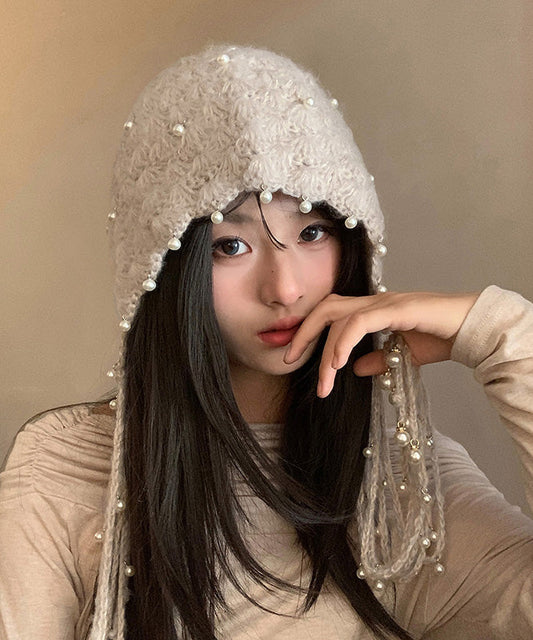 Beige Tassel Nail Bead Knit Bonnie Hat