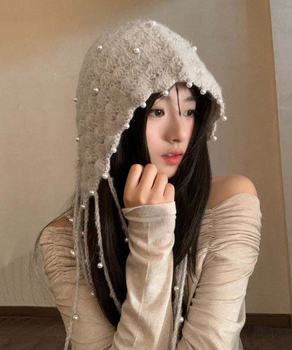Beige Tassel Nail Bead Knit Bonnie Hat