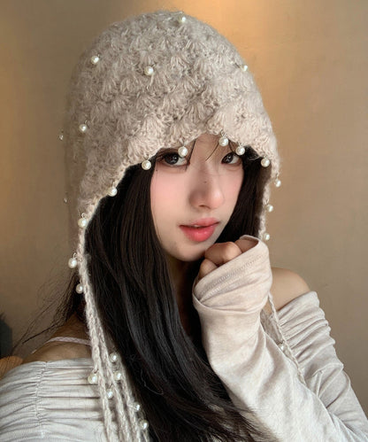 Beige Tassel Nail Bead Knit Bonnie Hat
