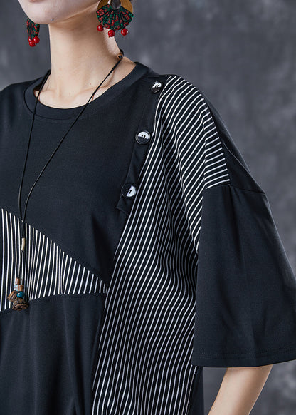 Black Cinched Patchwork Striped Cotton Two Piece Set Summer