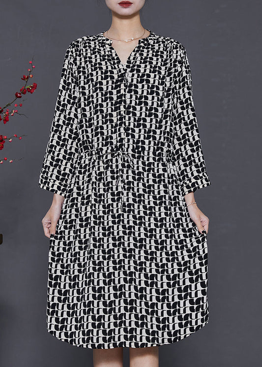 Black Cinched Print Silk Mid Dress Summer