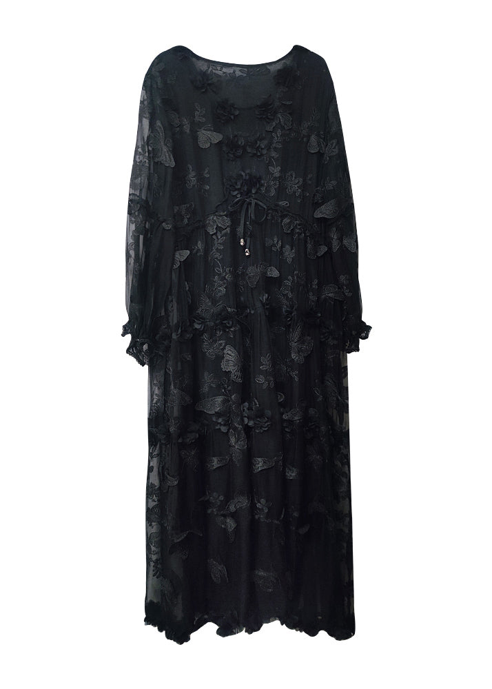 Black Embroidered Butterfly Silk Dress Summer