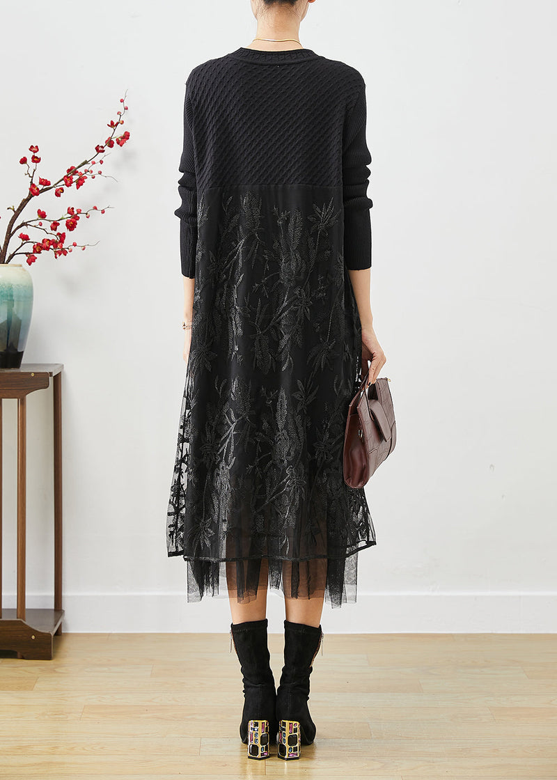 Black Embroideried Tulle Patchwork Knit Long Dress Fall