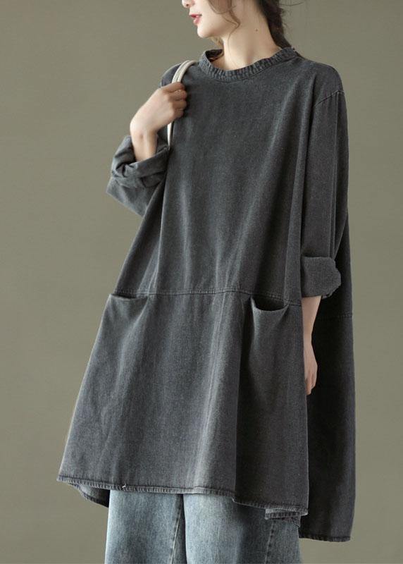Black Grey-flower O-neck Pockets Denim Long Dresses Long Sleeve