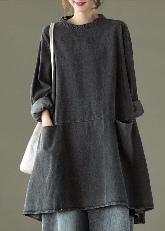 Black Grey-flower O-neck Pockets Denim Long Dresses Long Sleeve