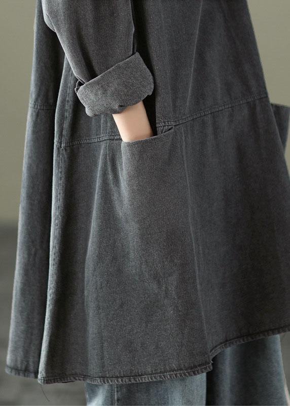 Black Grey-flower O-neck Pockets Denim Long Dresses Long Sleeve
