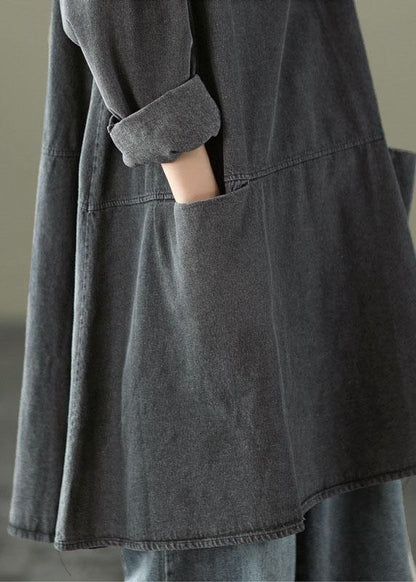 Black Grey-flower O-neck Pockets Denim Long Dresses Long Sleeve