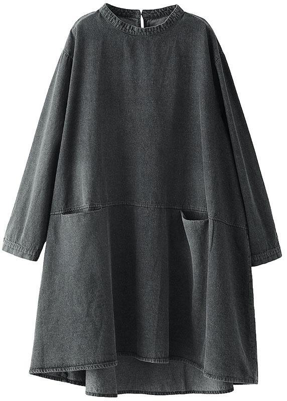 Black Grey-blue Flower O-neck Pockets Denim Long Dresses Long Sleeve