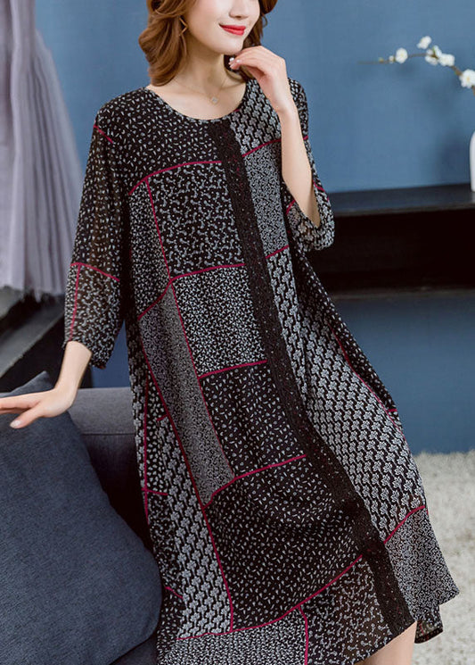 Black O Neck Asymmetrical Design Patchwork Chiffon Dresses Summer