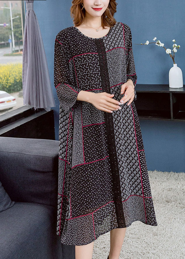 Black O Neck Asymmetrical Design Patchwork Chiffon Dresses Summer