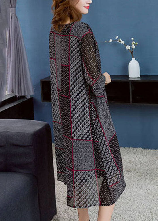 Black O Neck Asymmetrical Design Patchwork Chiffon Dresses Summer