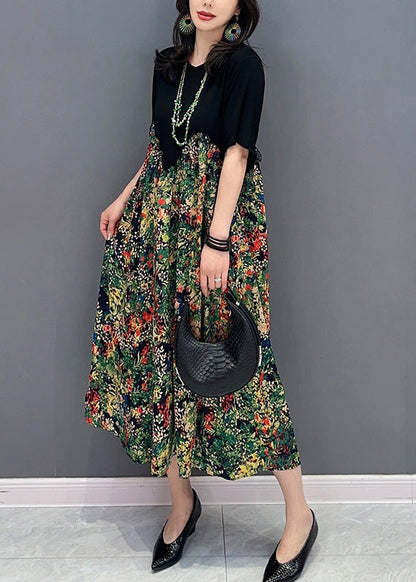 Black O-neck Patchwork Print Long Dress Short Sleeve
