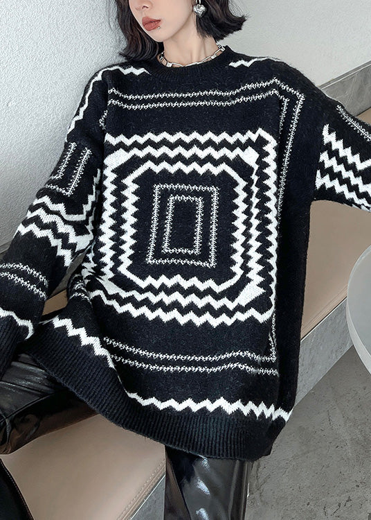 Black O-neck Plaid Cozy Thick Knit Sweater Winter