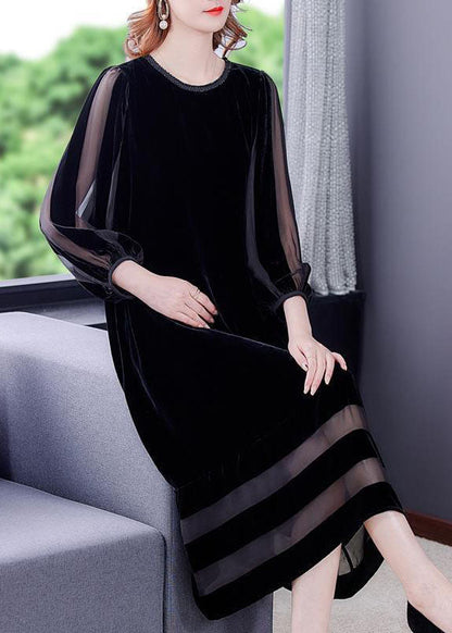 Black Oversized Patchwork Silk Velour Long Dresses Bracelet Sleeve