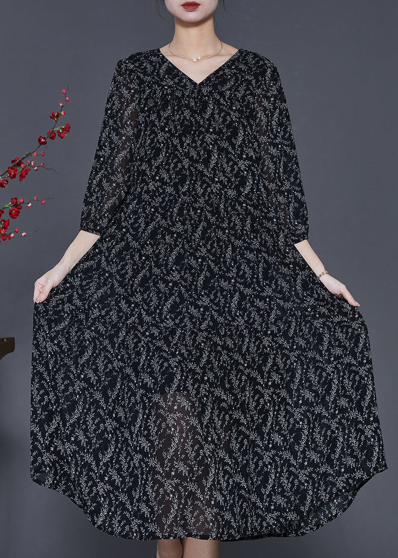 Black Oversized Print Chiffon Dress Half Sleeve