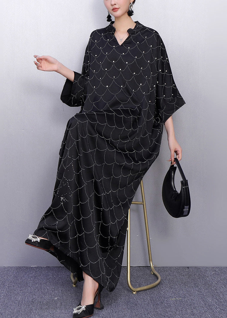 Black Oversized Rhinestone Silk Maxi Dresses Summer