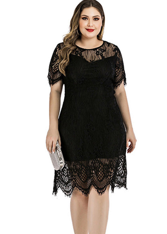 Black Party Lace Mid Dress Short Sleeve