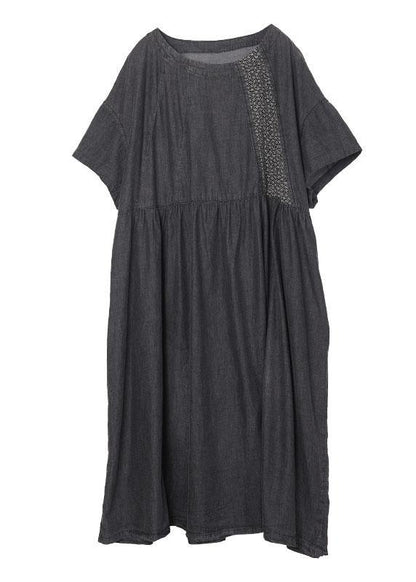 Black Patchwork Cinched Denim Ankle Dress Summer