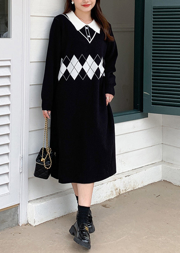 Black Peter Pan Collar Print Knit Robe Dresses Fall