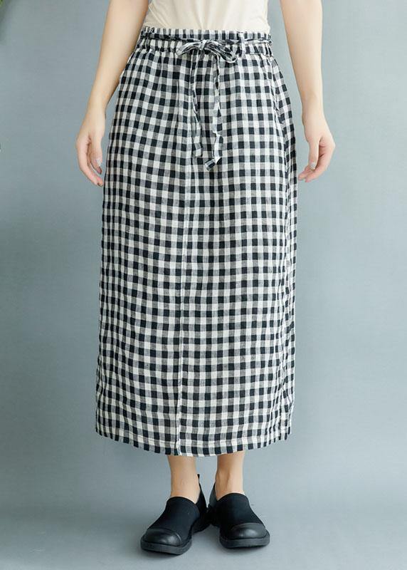 Black Plaid Pockets Fall Tie Waist Skirt
