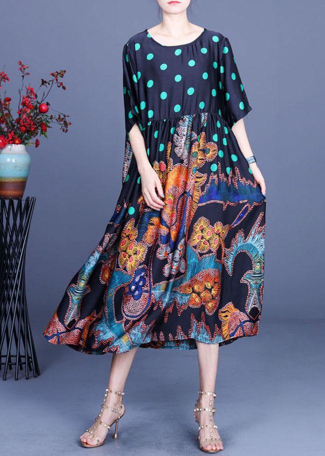Black Print O-neck Half Sleeve Silk Vacation Dresses Summer