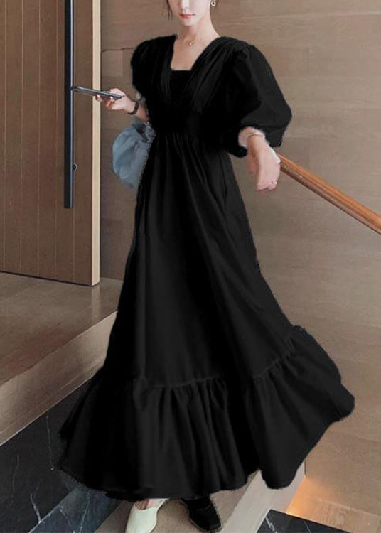Black Ruffled Lace Up Patchwork Cotton Long Dresses Summer