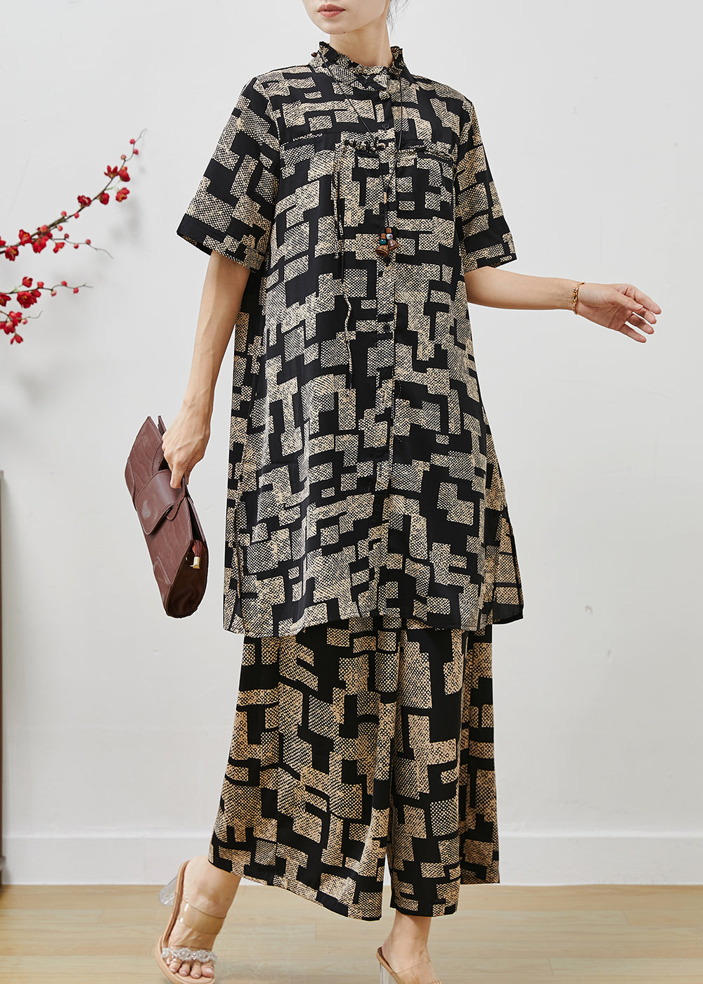 Black Stand Collar Print Chiffon Two Pieces Set Summer