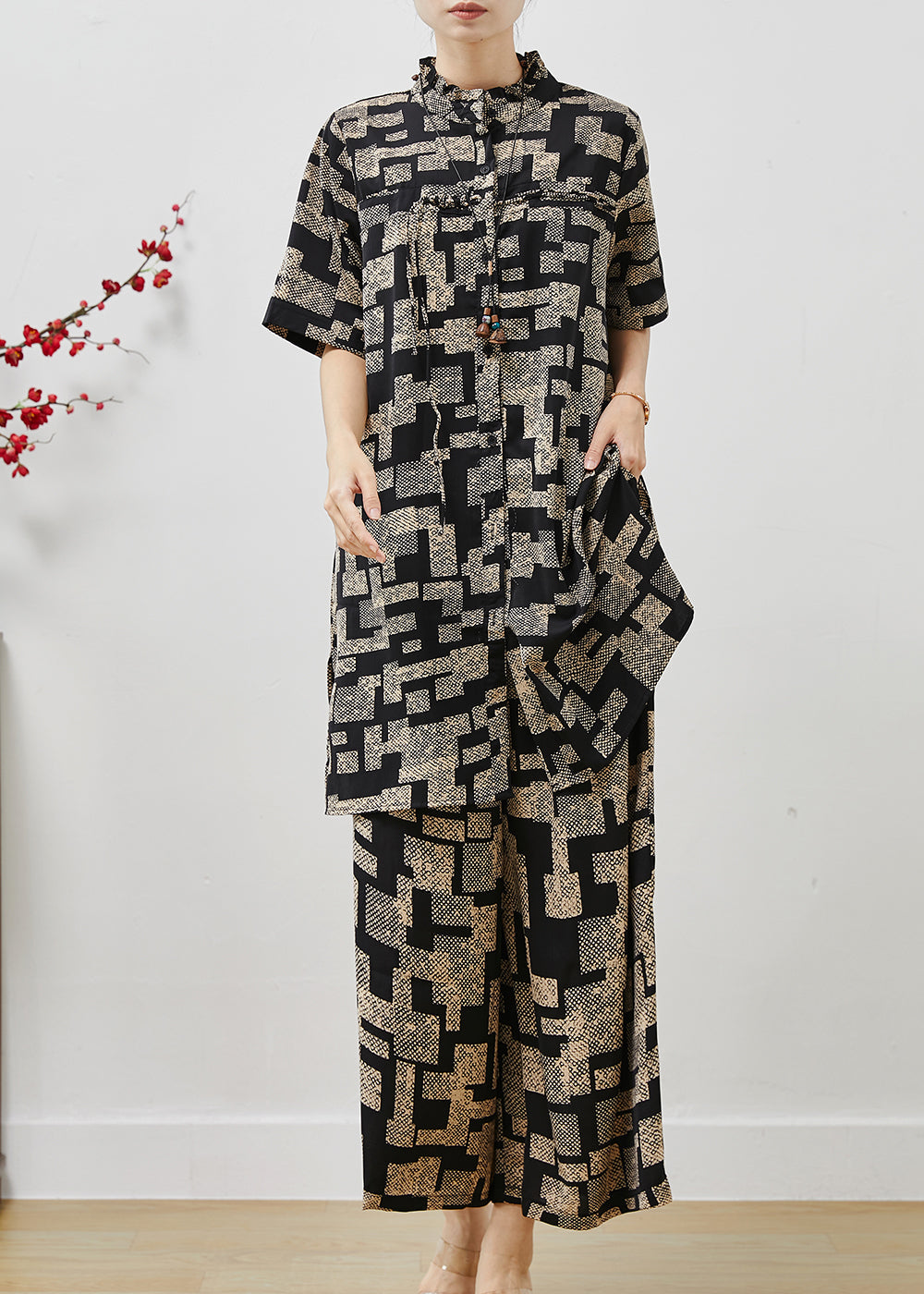 Black Stand Collar Print Chiffon Two Pieces Set Summer
