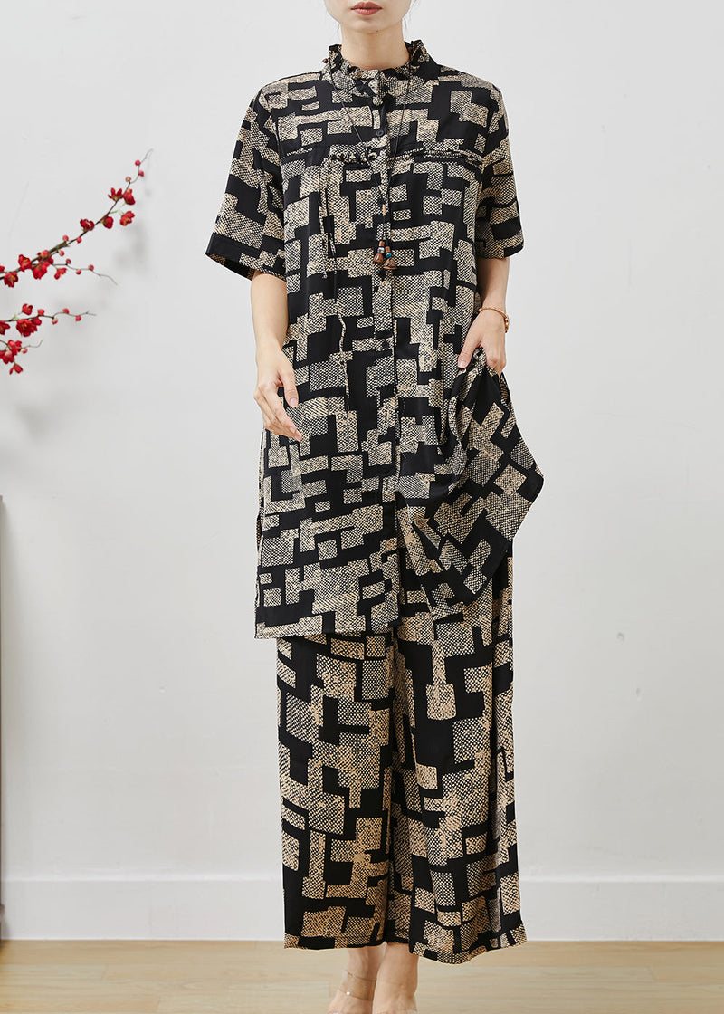 Black Stand Collar Print Chiffon Two Pieces Set Summer
